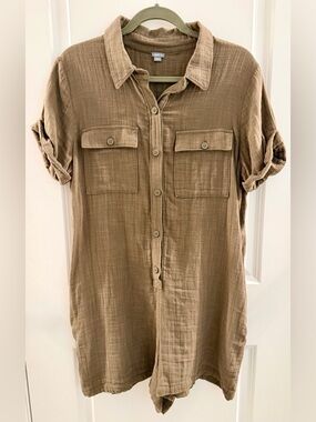 Aerie Army Green Short-Sleeve Button-Down Romper- Size Large